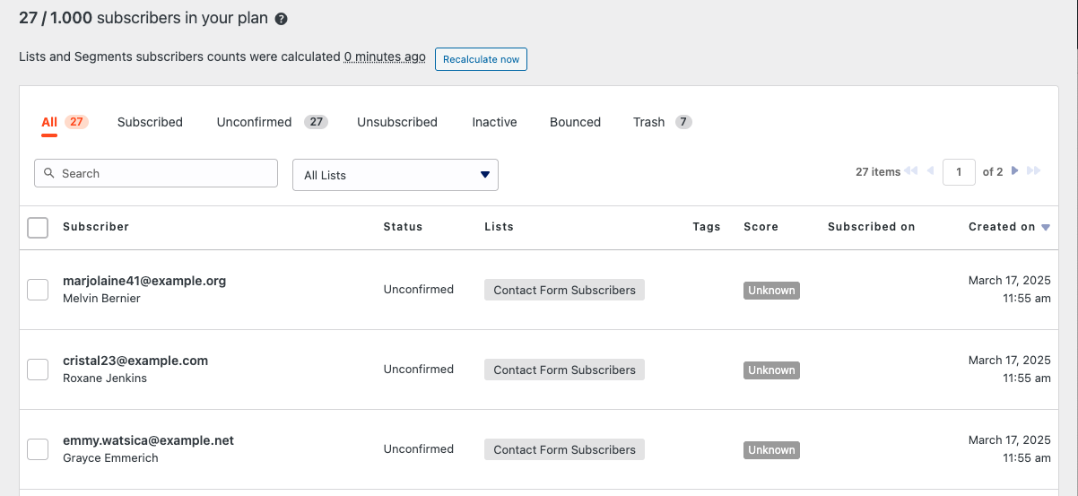 Showing the subscribers in the MailPoet newsletter list.